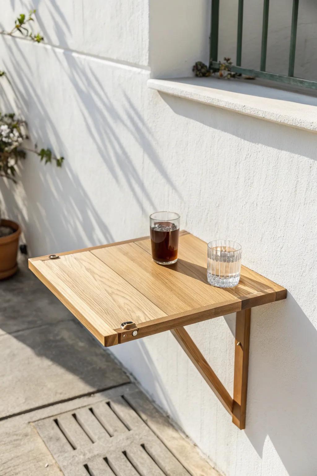 Space-saving fold-down wall drinks table—minimal, warm wood, perfect for tiny patios.