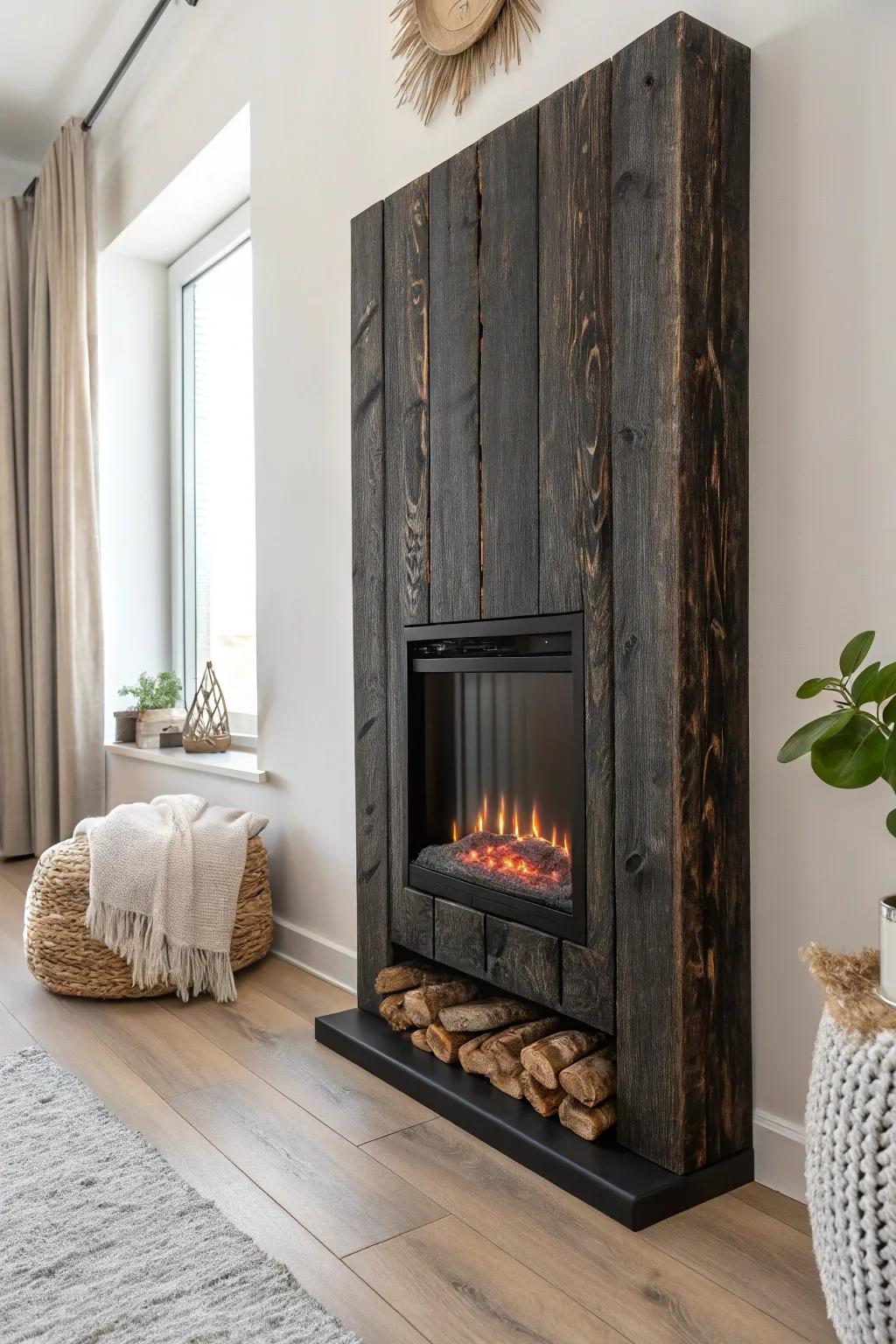 Charred wood drama: a sleek electric fireplace that makes warm flames truly pop.