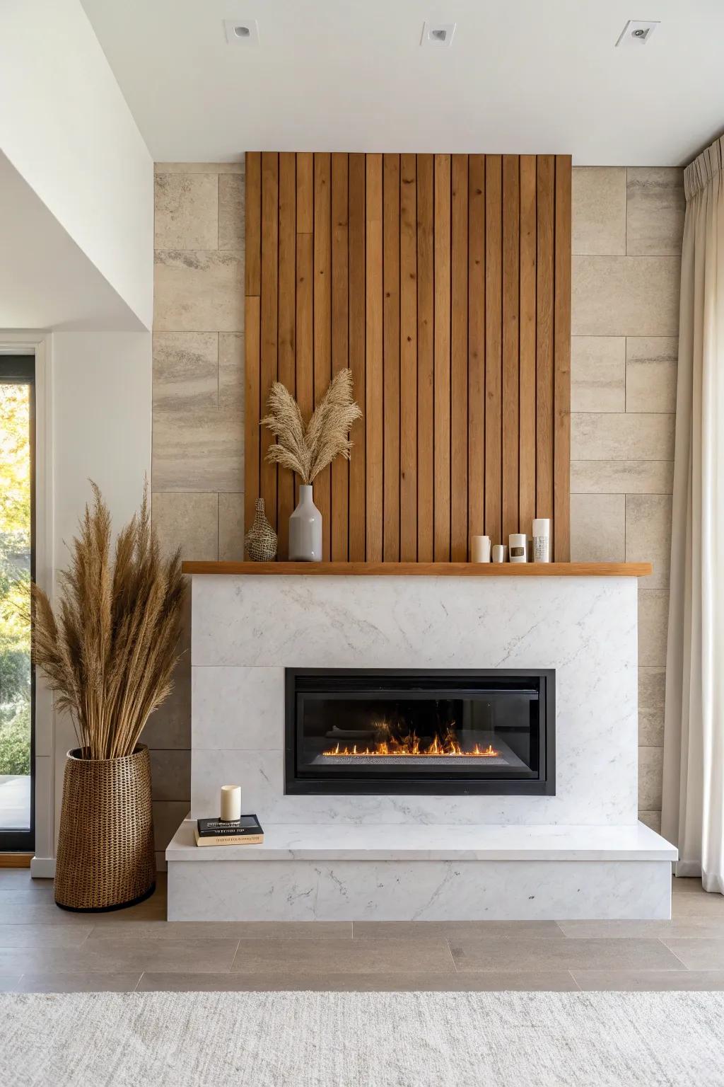 Two-tone slat wall + sleek floating mantel shelf for a warm, designer electric fireplace moment.