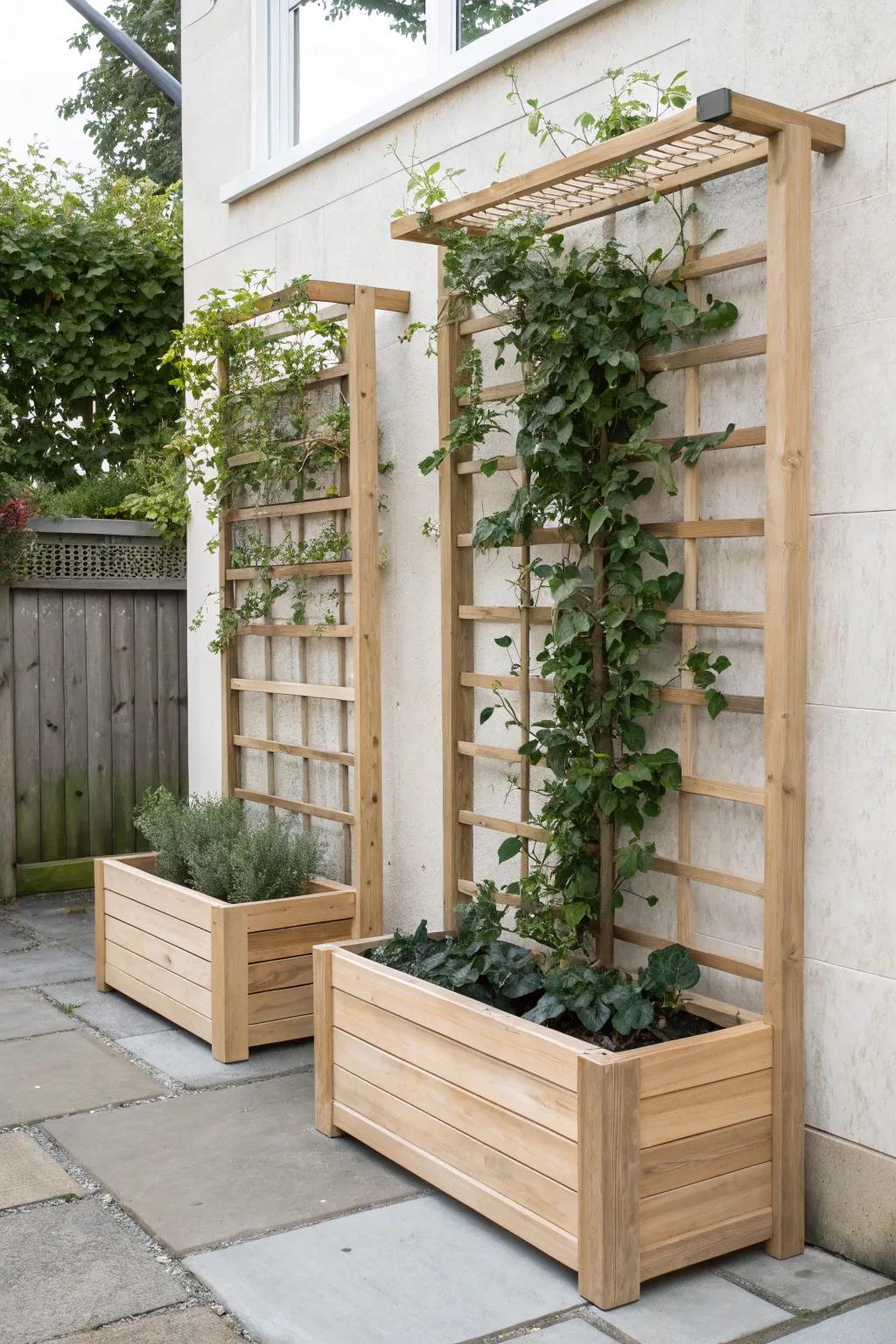 A garden-room carport edge: minimalist wood trellis enclosure with built-in planters.