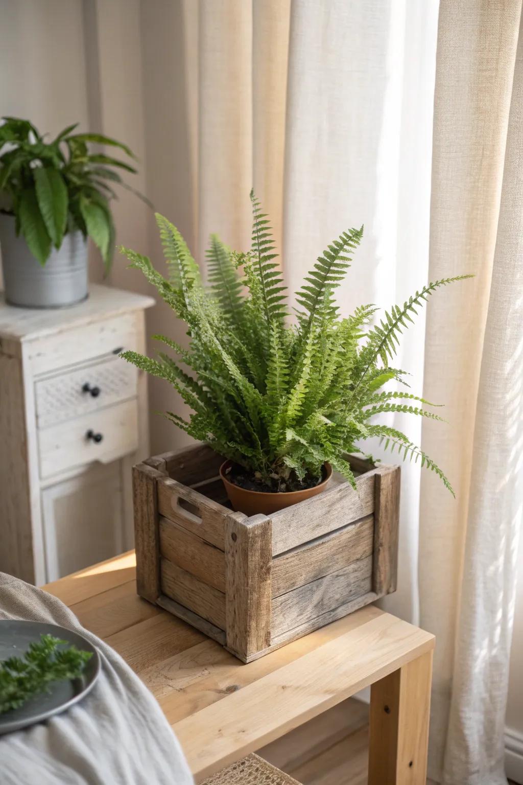 An indoor fern in a rustic wooden crate—easy English cottage charm with a clean Nordic feel.