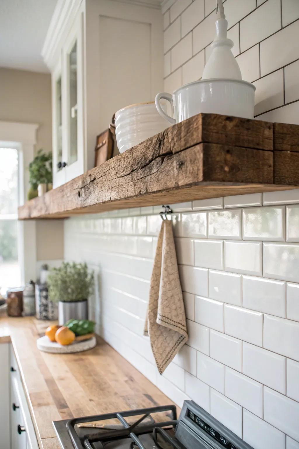 A reclaimed wood backsplash ledge—simple cottage charm with beautiful grain and function.