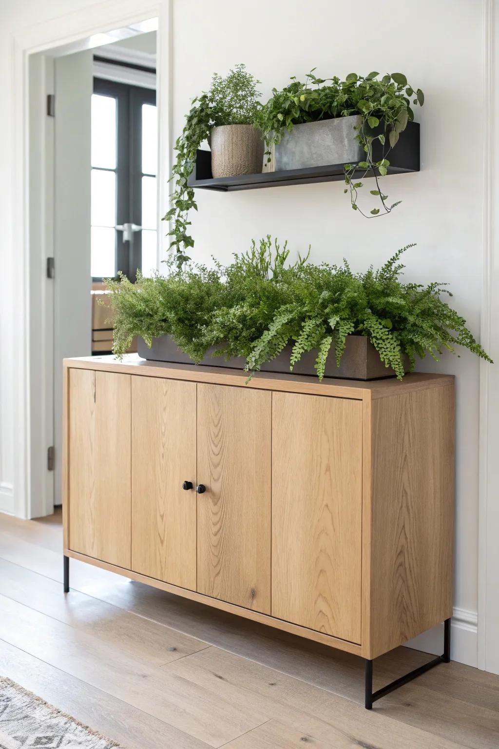 A sleek oak entryway cabinet with a built-in plant trough—greenery without countertop clutter.