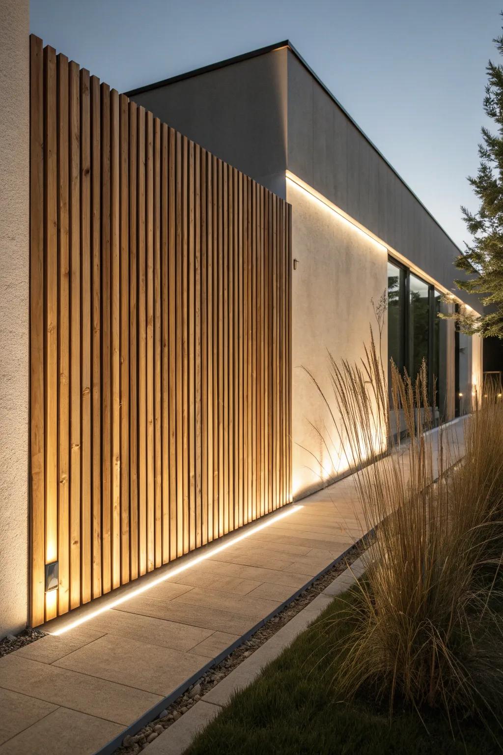 Warm hidden LEDs turn a cedar slat wall into a soft, boutique-style patio glow at night.
