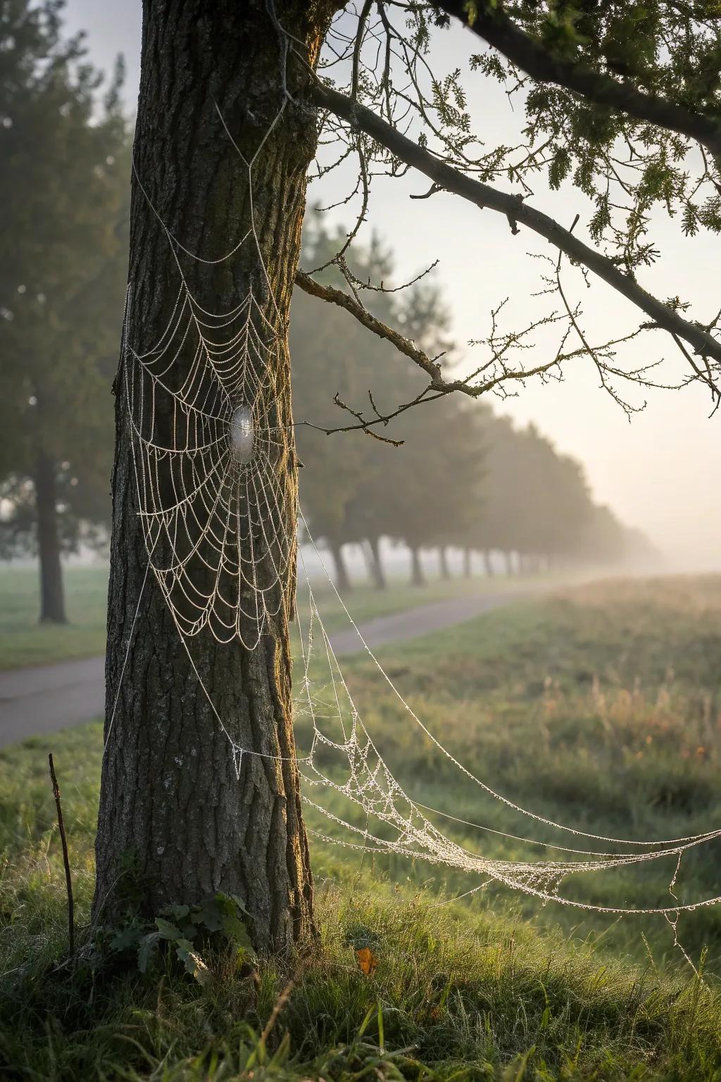 Embrace the wild elegance of nature with intricately woven spiderwebs around a tree trunk, perfect for your minimalist outdoor decor.
