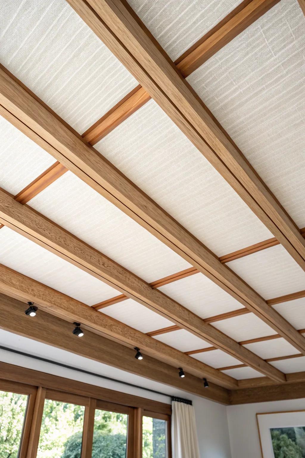 Stretched linen panels between slim oak battens—minimal, cozy, and quietly sound-softening.