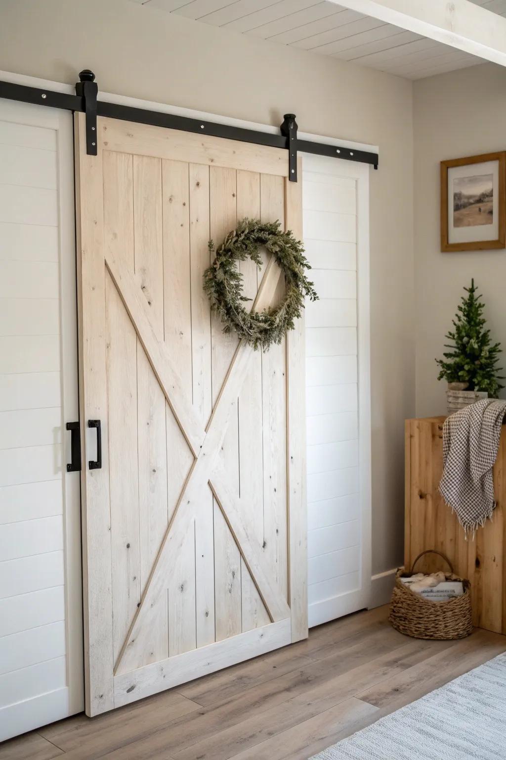 A white sliding barn closet door with a centered hook—perfect for seasonal wreaths.