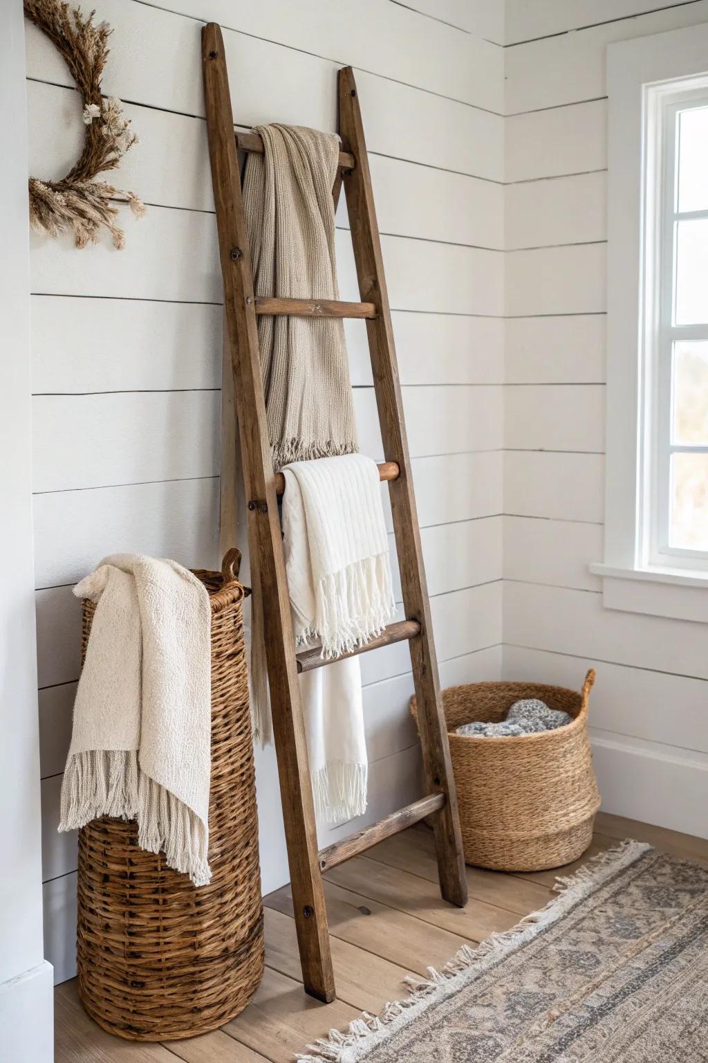 Antique ladder rack for a farmhouse closet—perfect for scarves, throws, and tomorrow’s outfit.