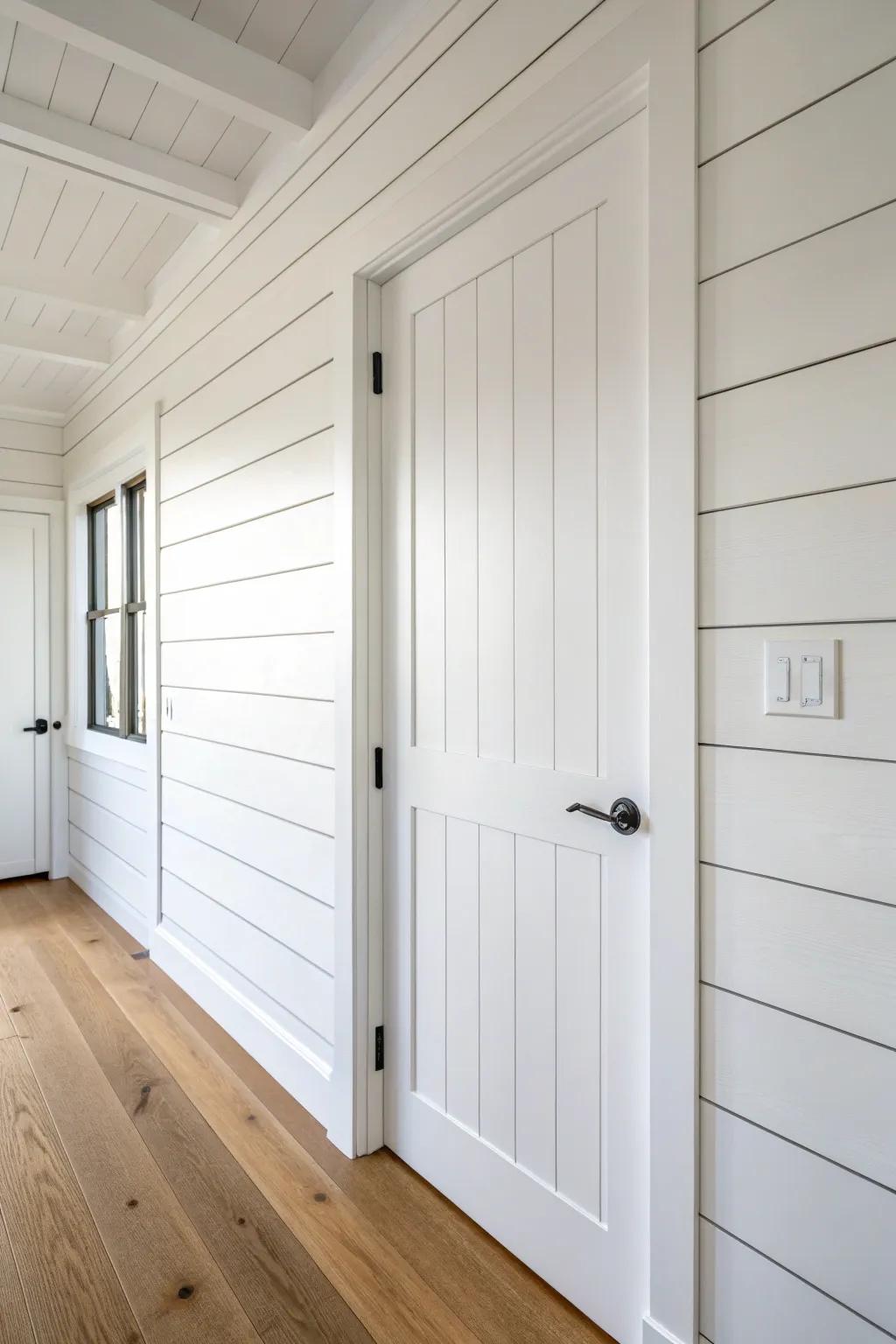 A hidden shiplap farmhouse door that blends in seamlessly—clean grooves, soft light, pure calm.