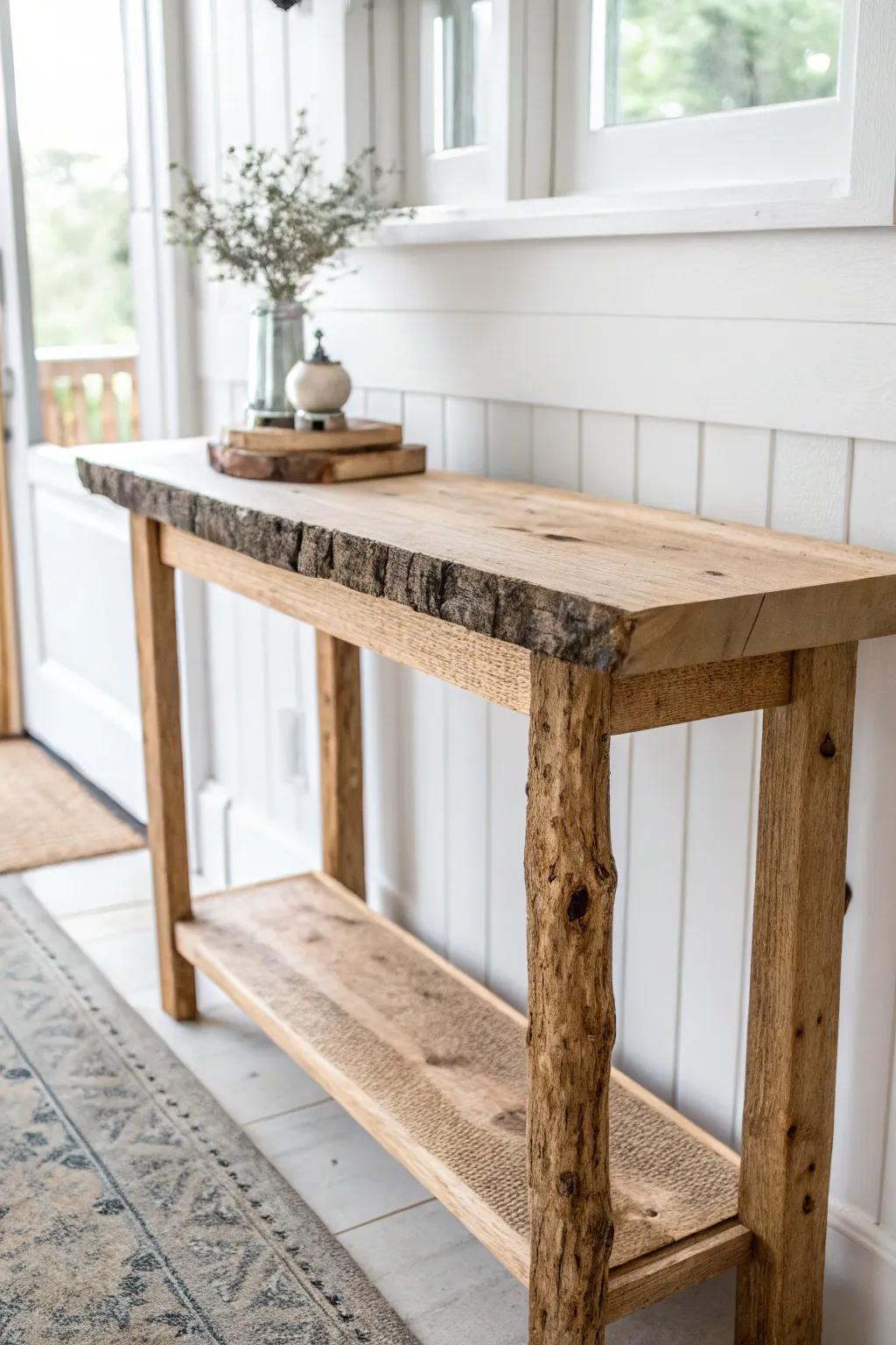 Removable live-edge shelf riser adds a second tier—rustic farmhouse charm, zero clutter.