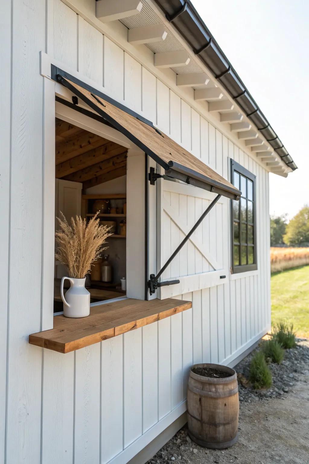 A fold-down barn bar window with a chunky wood counter—instant cozy farmhouse hangout.