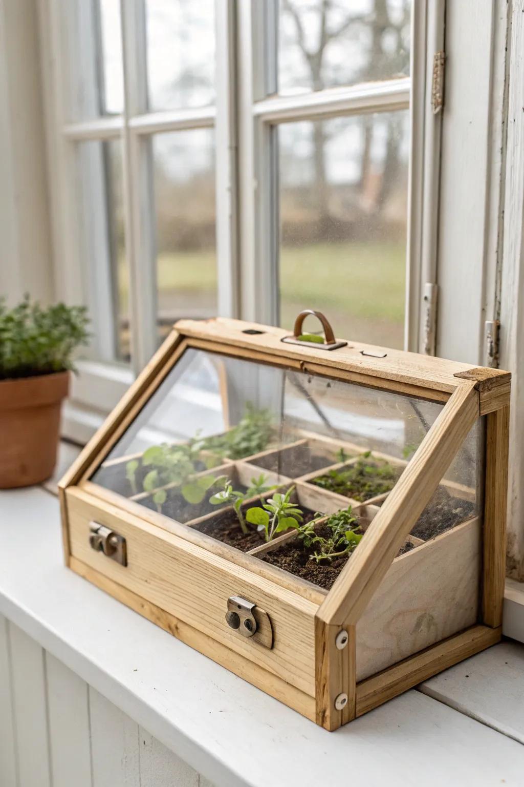 A mini wood greenhouse box on the kitchen sill—farmhouse charm for starting seeds in style.