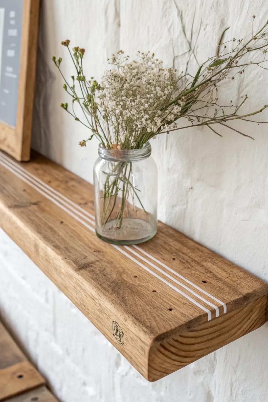 Reclaimed wood shelf with a clear resin inlay and dried stems—farmhouse charm, elevated.