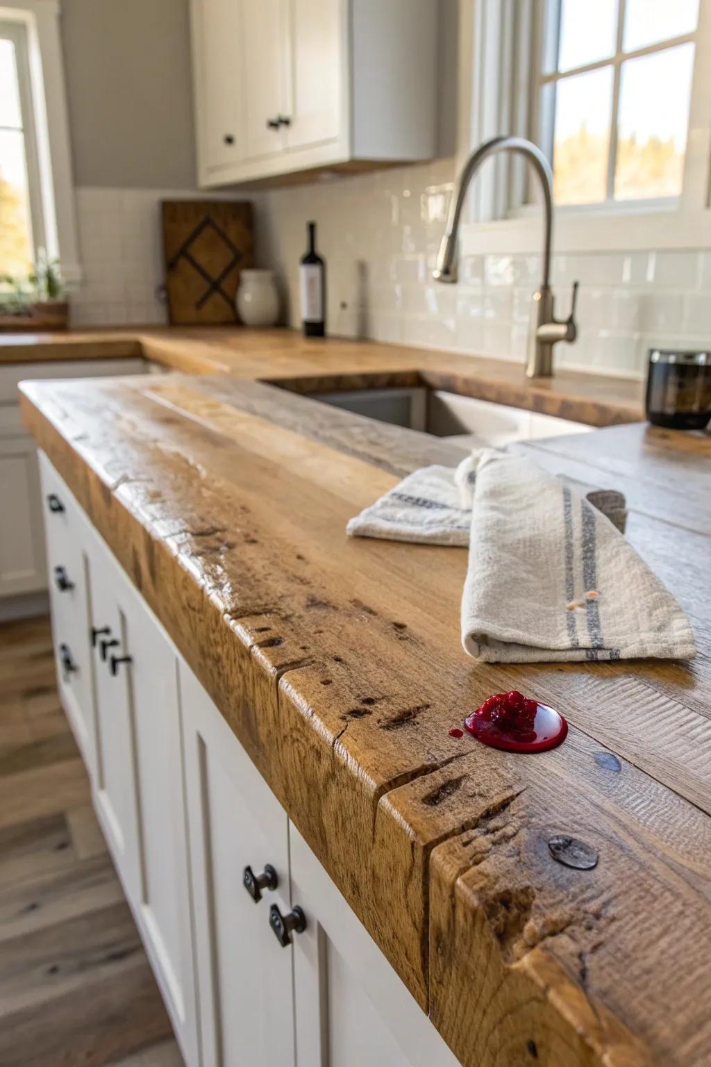 Rustic wood, zero stress: crystal-clear epoxy seals this farmhouse wet bar counter.