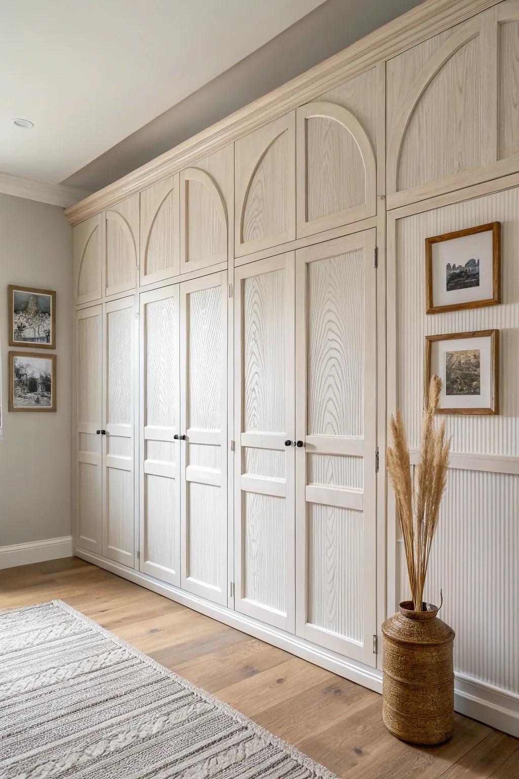 Upcycled cabinet doors become a textured, cohesive feature wall—minimal, warm, and handmade.