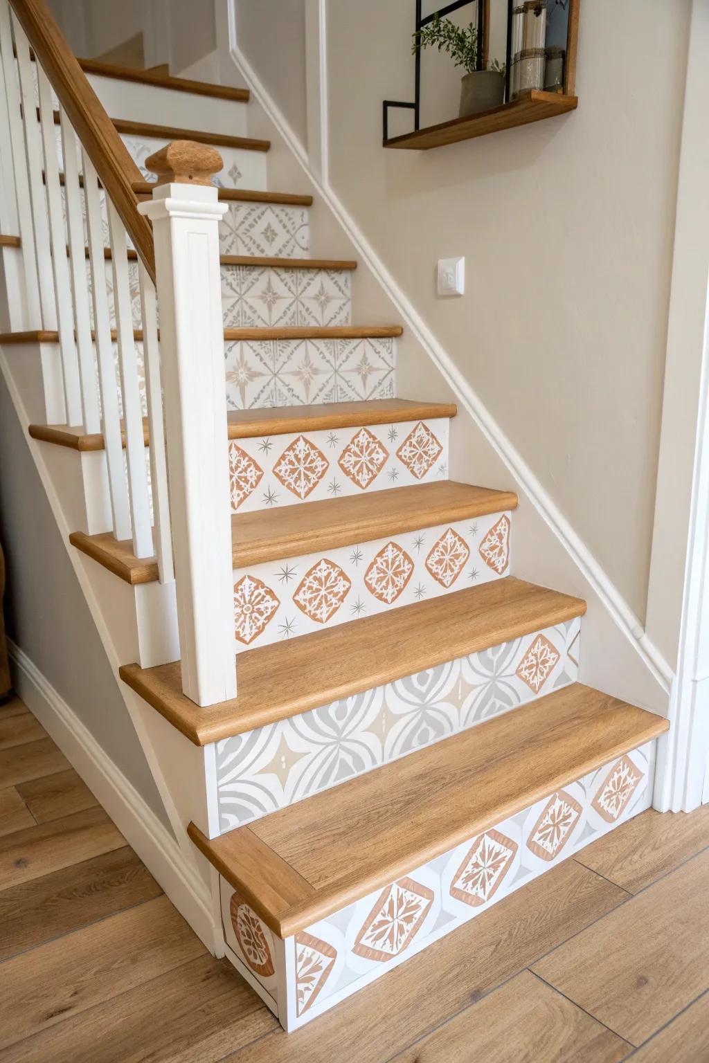 Natural wood treads + stenciled patterned risers = a simple DIY that makes stairs look designer.