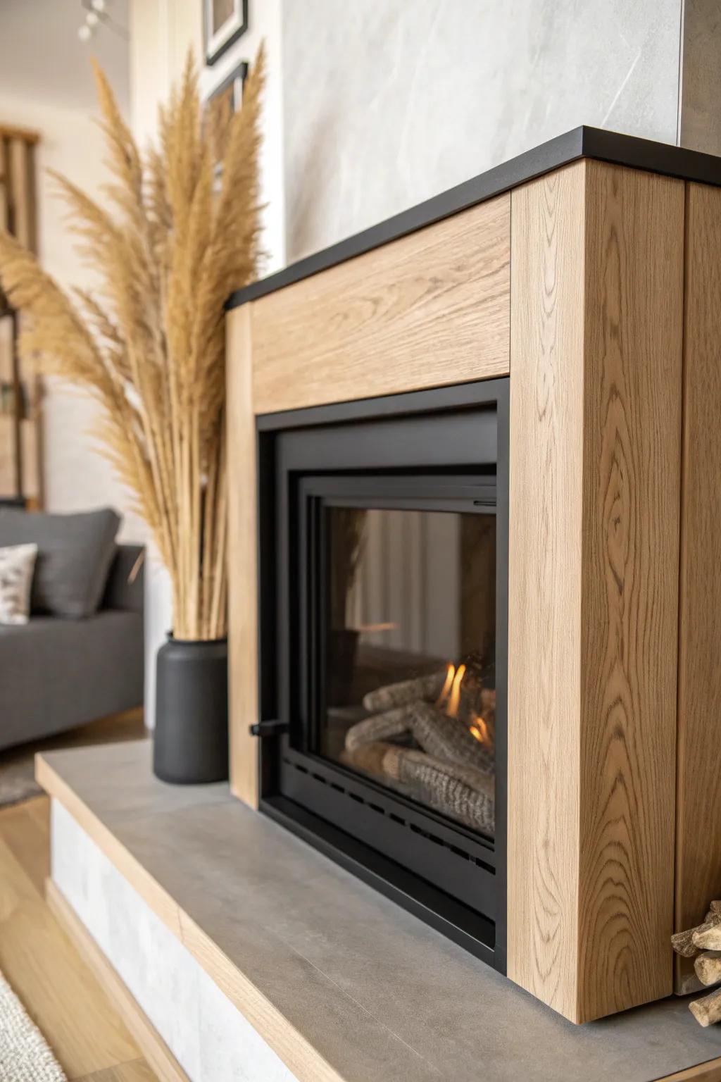 Matte black metal corner caps give a wood fireplace bump-out a crisp, industrial outline.