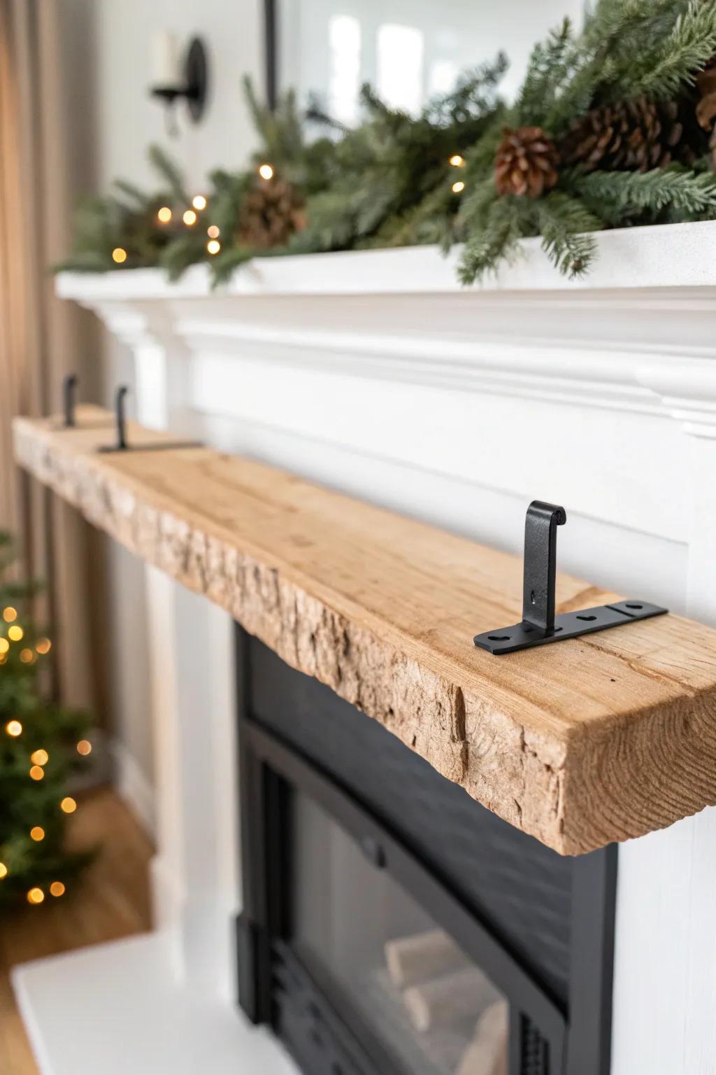 Clamp-on live-edge mantel topper adds instant styling space for minimalist Christmas warmth.