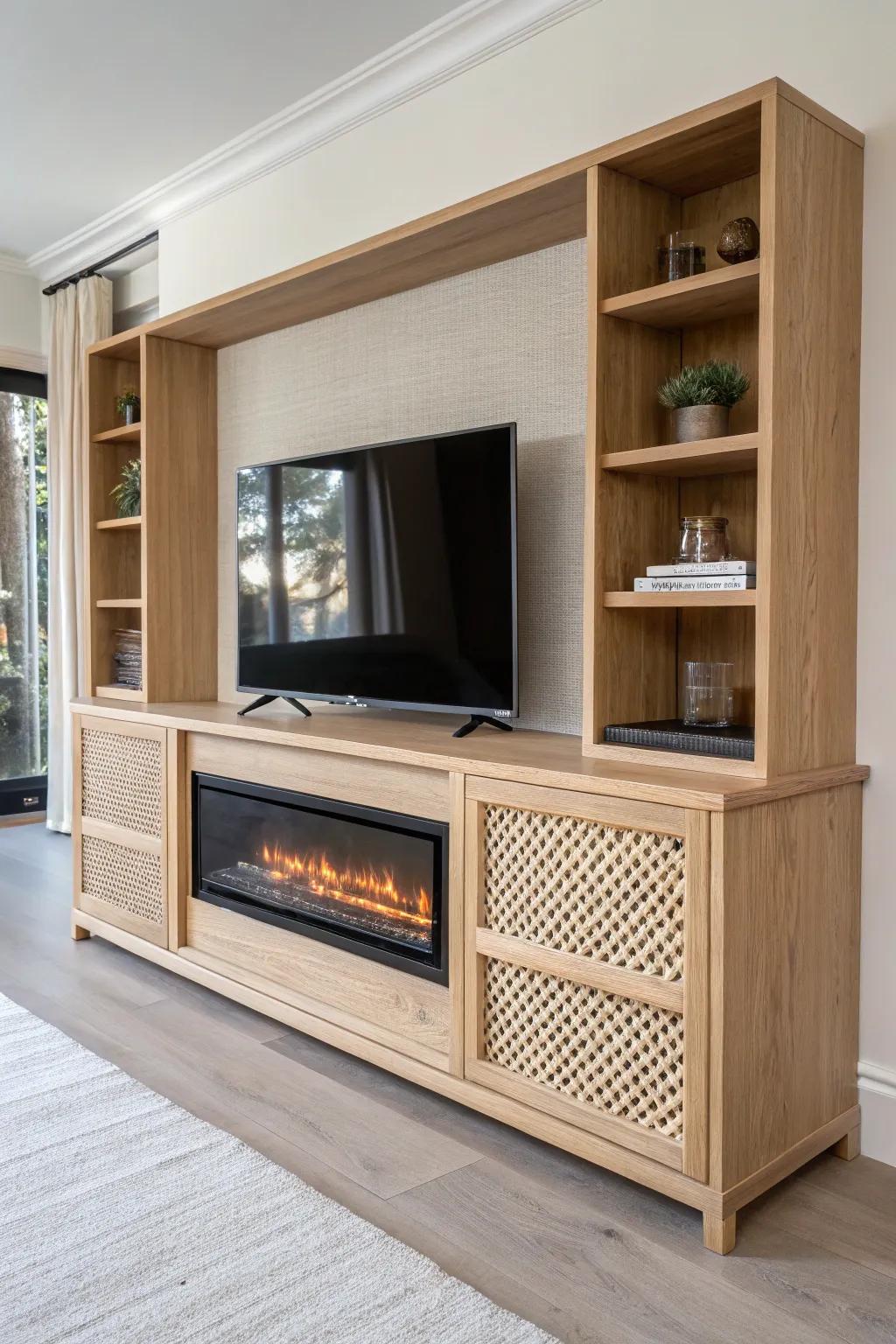Room-divider fireplace TV stand wall in light oak—custom-built warmth that reshapes an open plan.