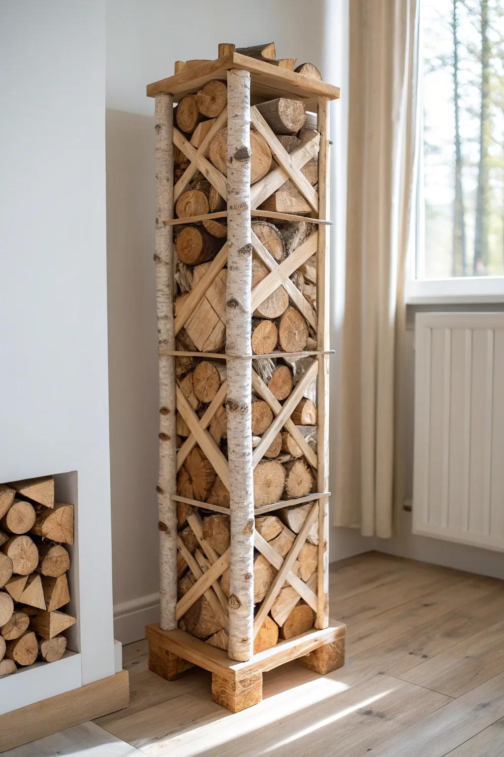 A cross-stacked firewood tower that doubles as winter décor—minimal, warm, and sculptural.