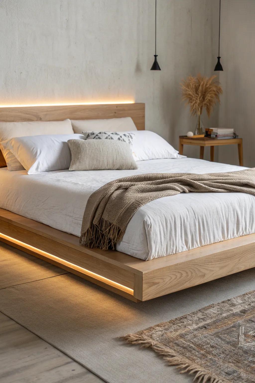 Maglev-inspired floating bed: ultra-thin oak, hidden supports, and a soft halo glow.
