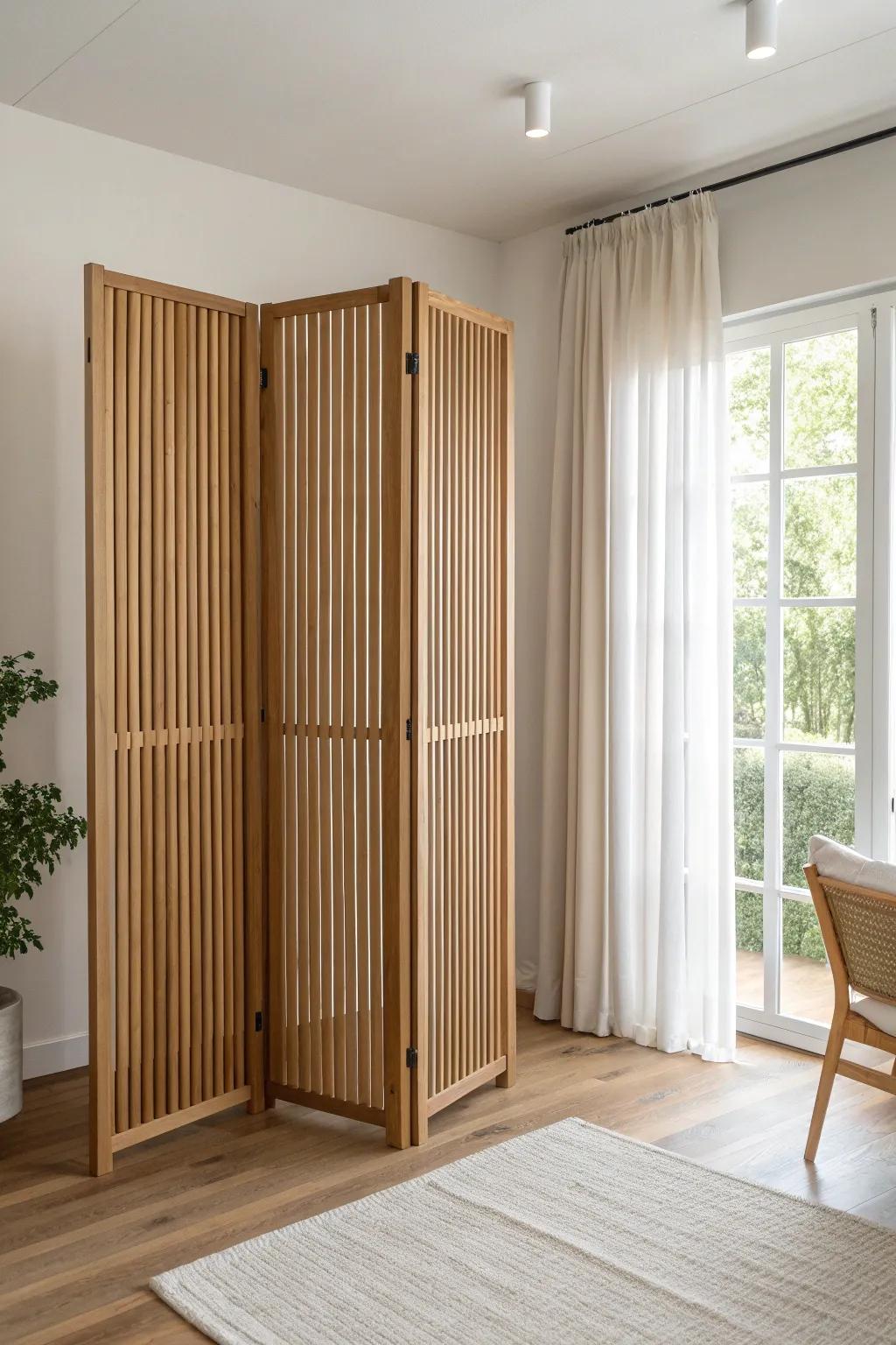 A floor-to-ceiling oak slat divider that rotates like blinds—privacy when you want it, open space when you don’t.