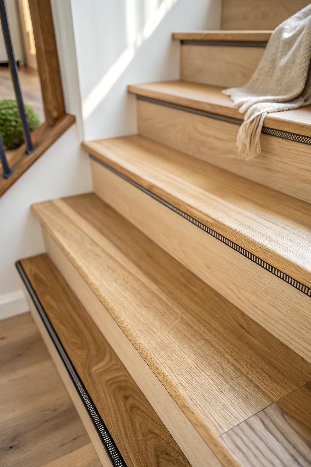 Smoky resin inlay strips add discreet grip—minimalist, refined, and stair-safe.