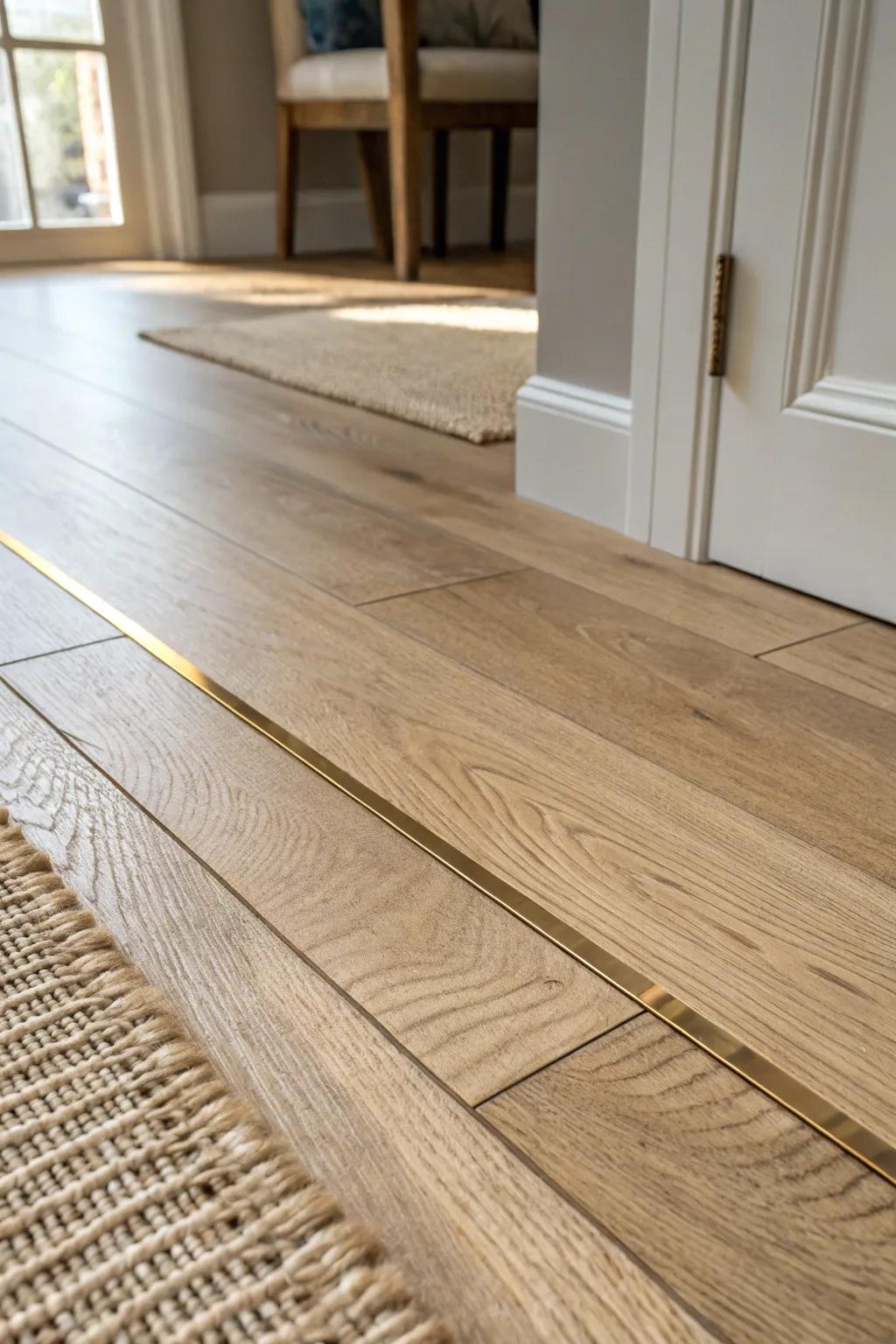 Thin brass inlay lines elevate a simple oak foyer floor with quiet, modern craftsmanship.