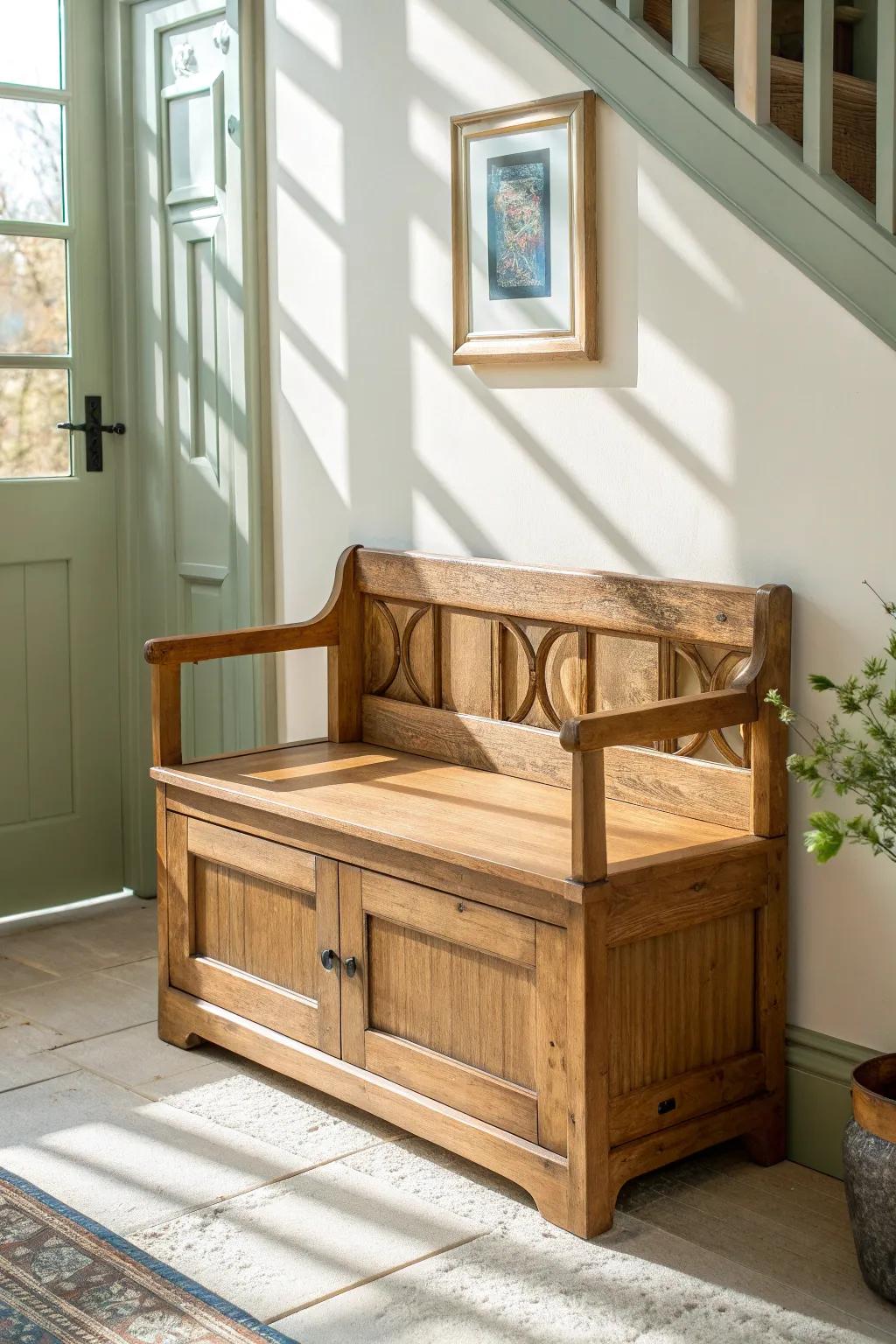 A lift-top wood bench that looks antique—but hides keys, leashes, and mail in seconds.