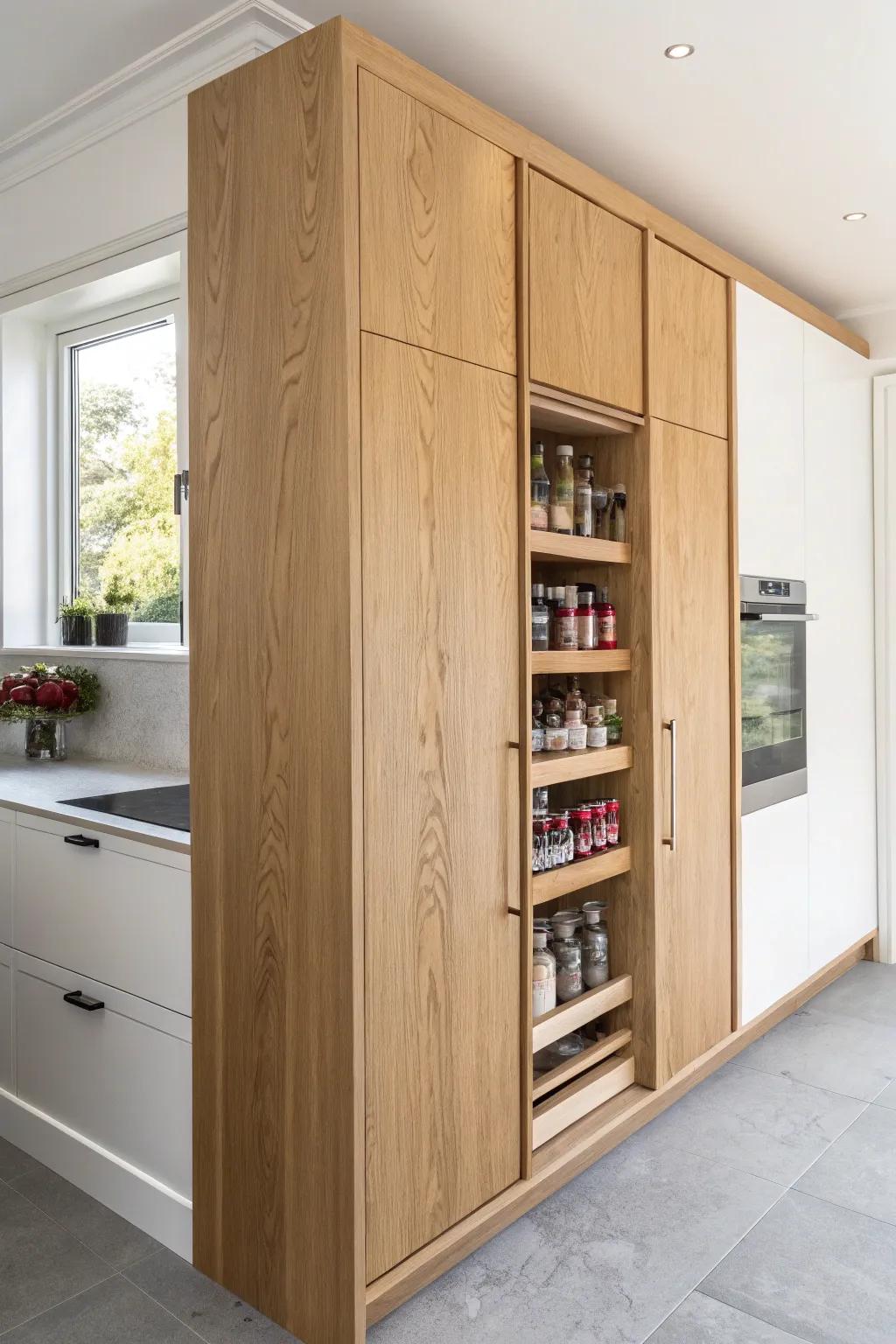A full-wall cabinet with a hidden pull-out spice column—minimal outside, surprise inside.