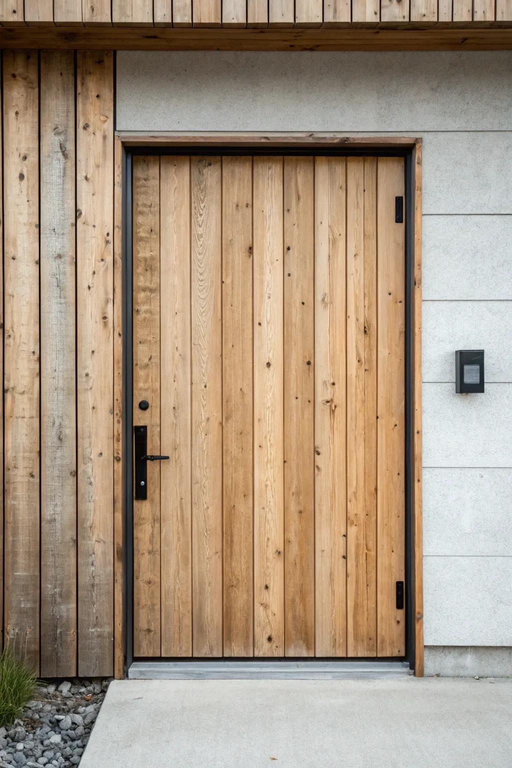 A plain garage door, transformed—sleek reclaimed wood planks for a custom mudroom look.