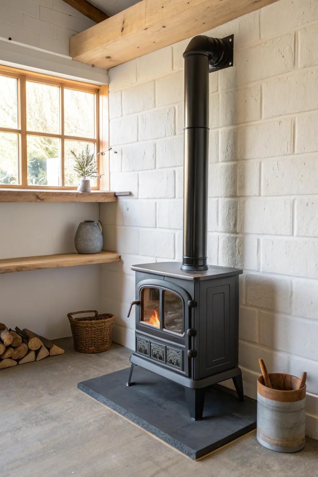 A sleek chimney chase wall gives your garage wood stove a built-in, designer-clean finish.