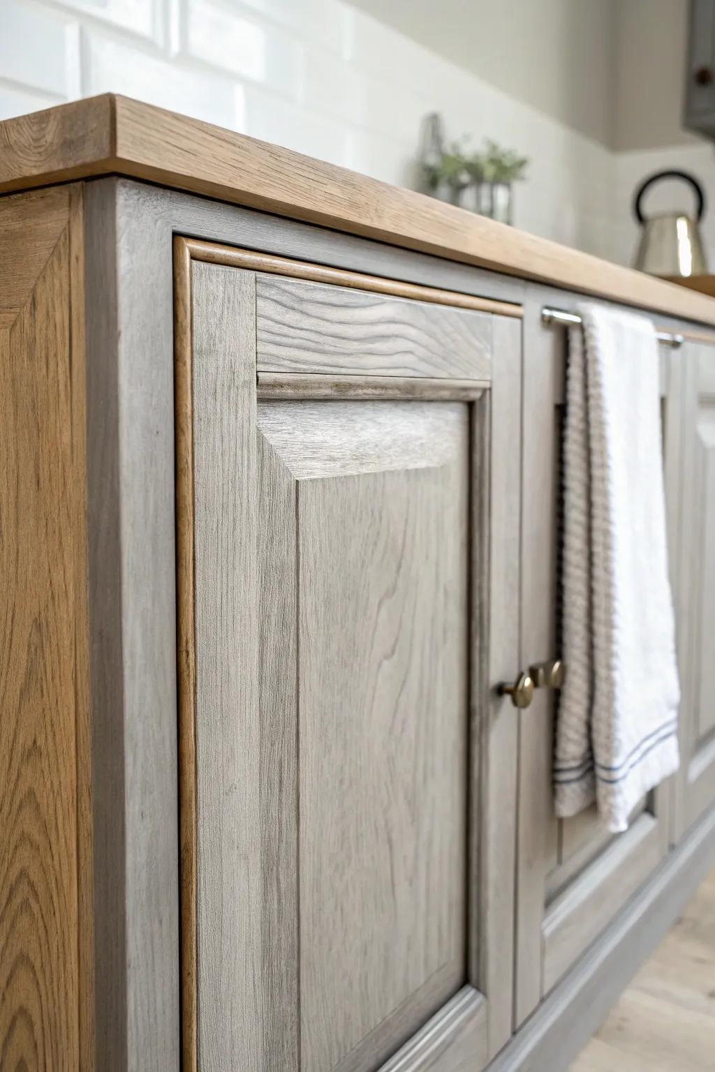 Smoky gray + weathered wash: a rustic cabinet finish that lets the wood grain glow.