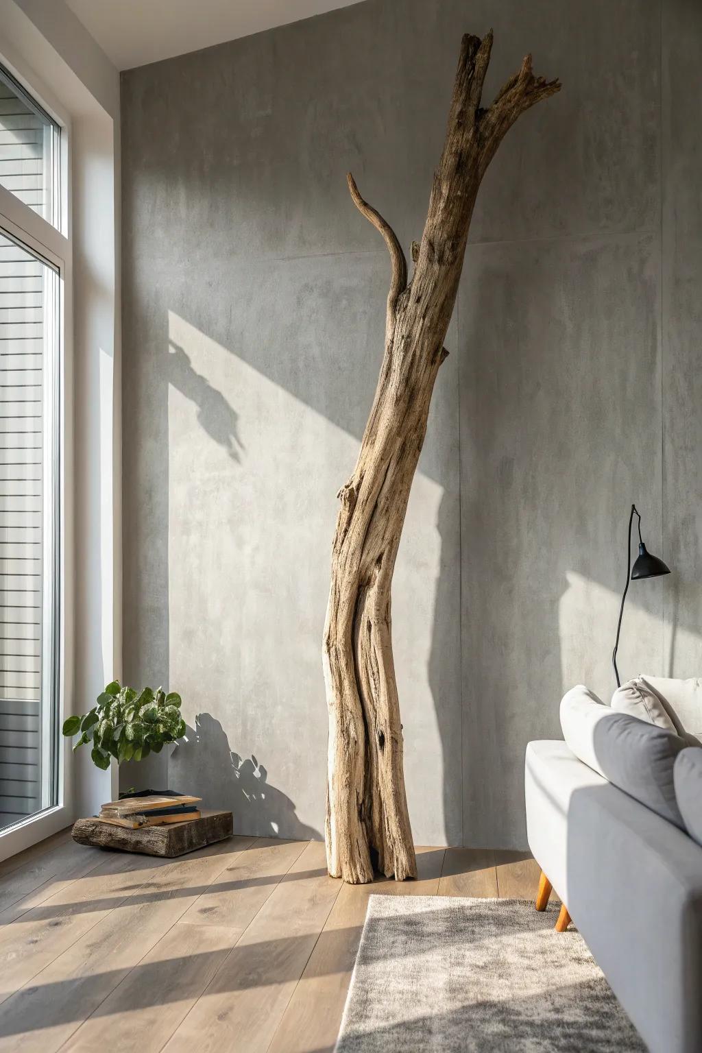 A bold driftwood sculpture turns a simple grey wall into warm, lived-in art with texture.