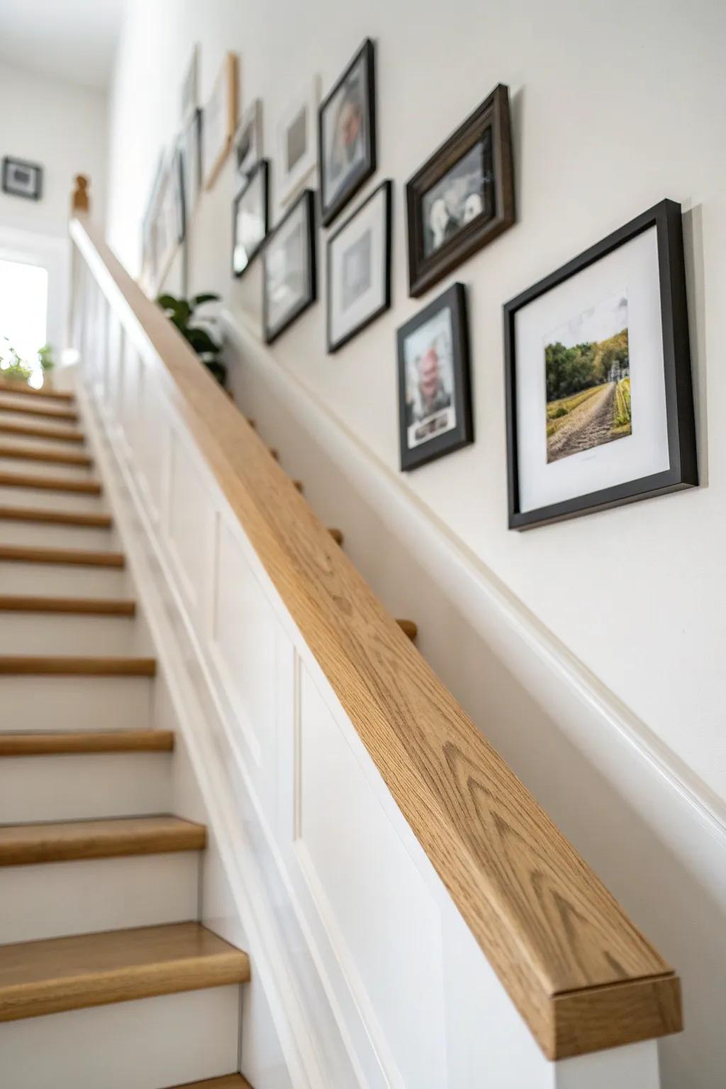 Slim oak art ledge up the stairs—swap one frame anytime for an effortlessly curated hallway.