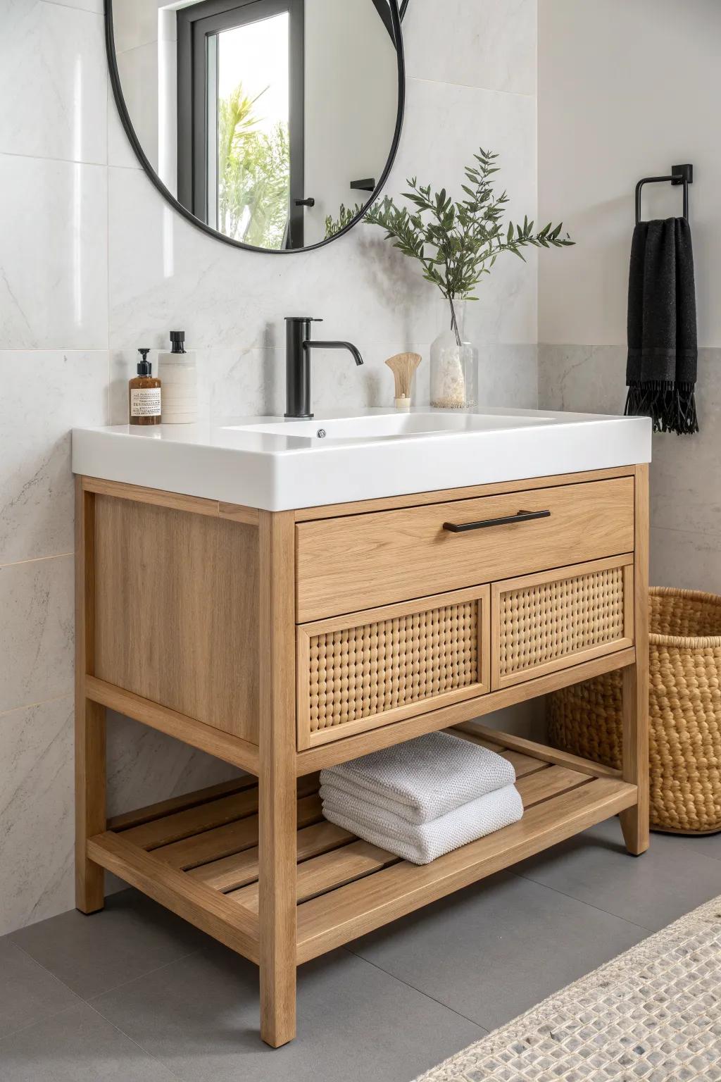 Height-adjustable wood vanity top—future-proof beauty for a stylish, accessible bathroom.