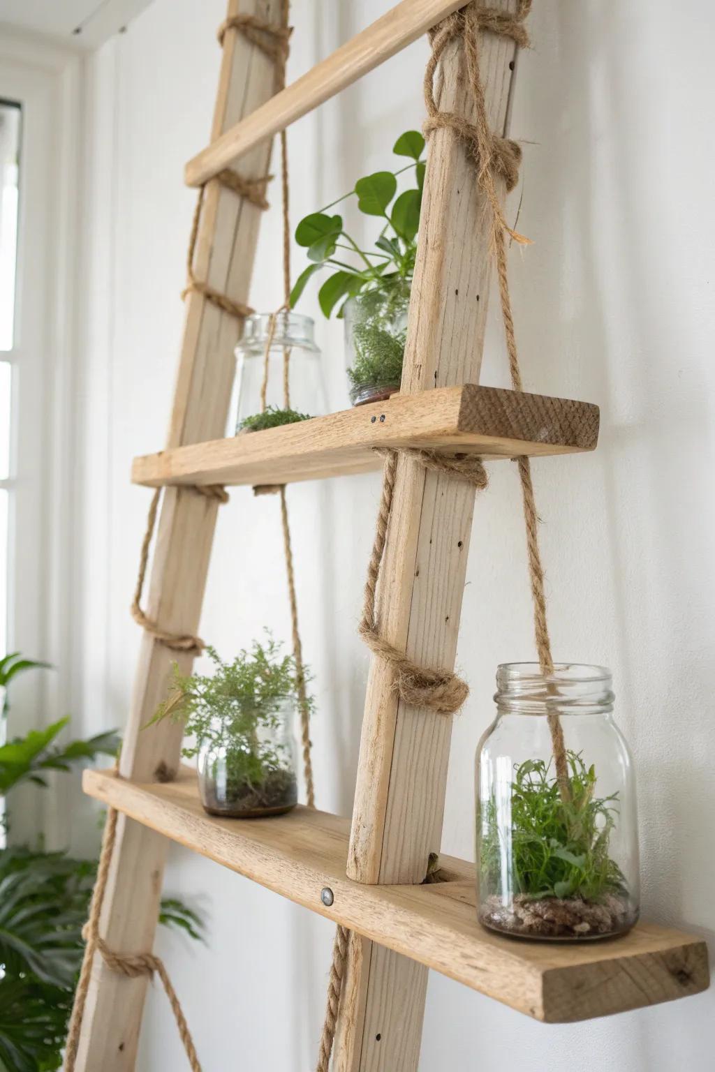 A hanging ladder propagation station—tiny jars, visible roots, and calm Scandinavian style.