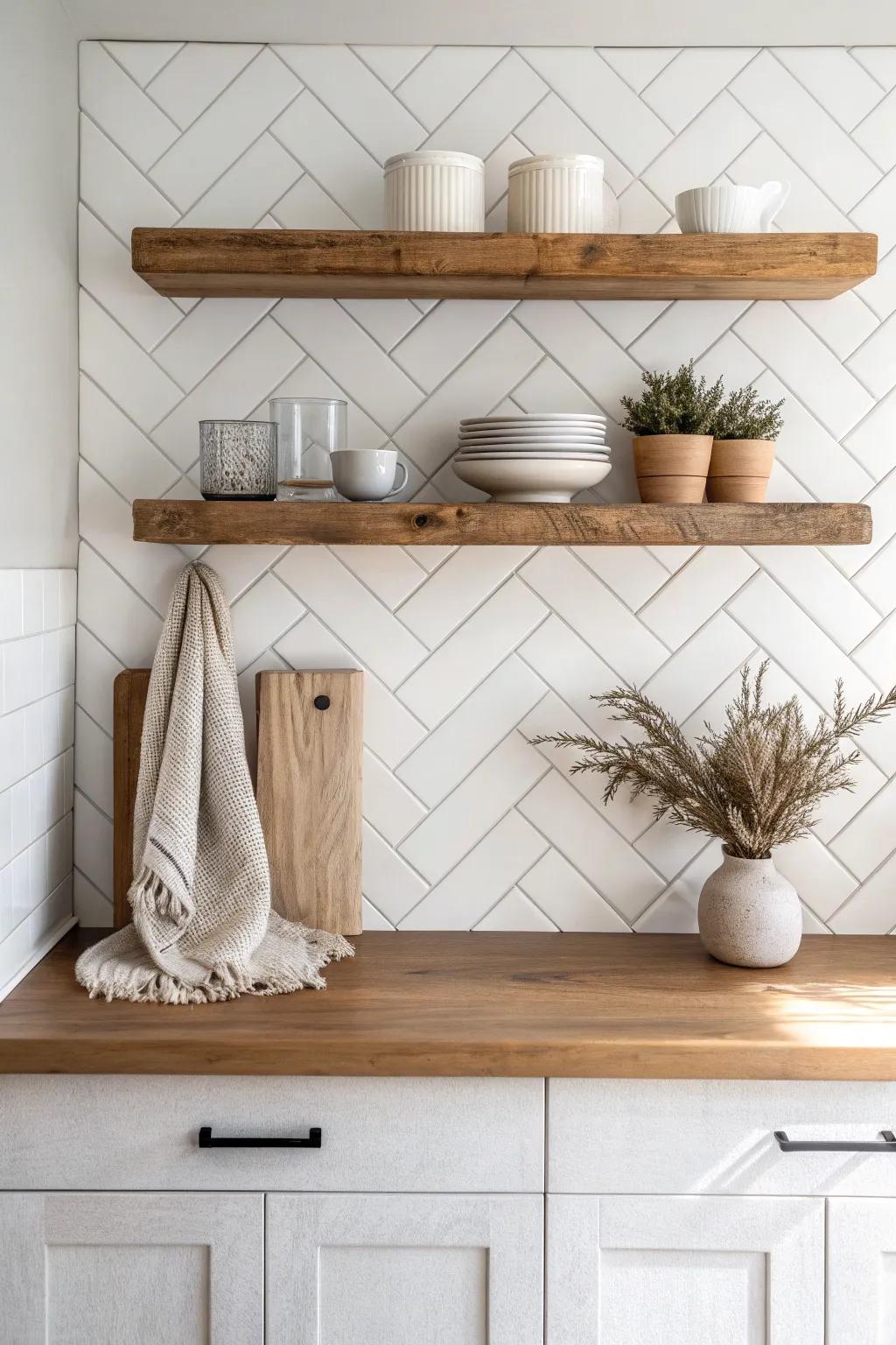 Crisp herringbone tile meets warm reclaimed wood floating shelves for a cozy, minimal look.