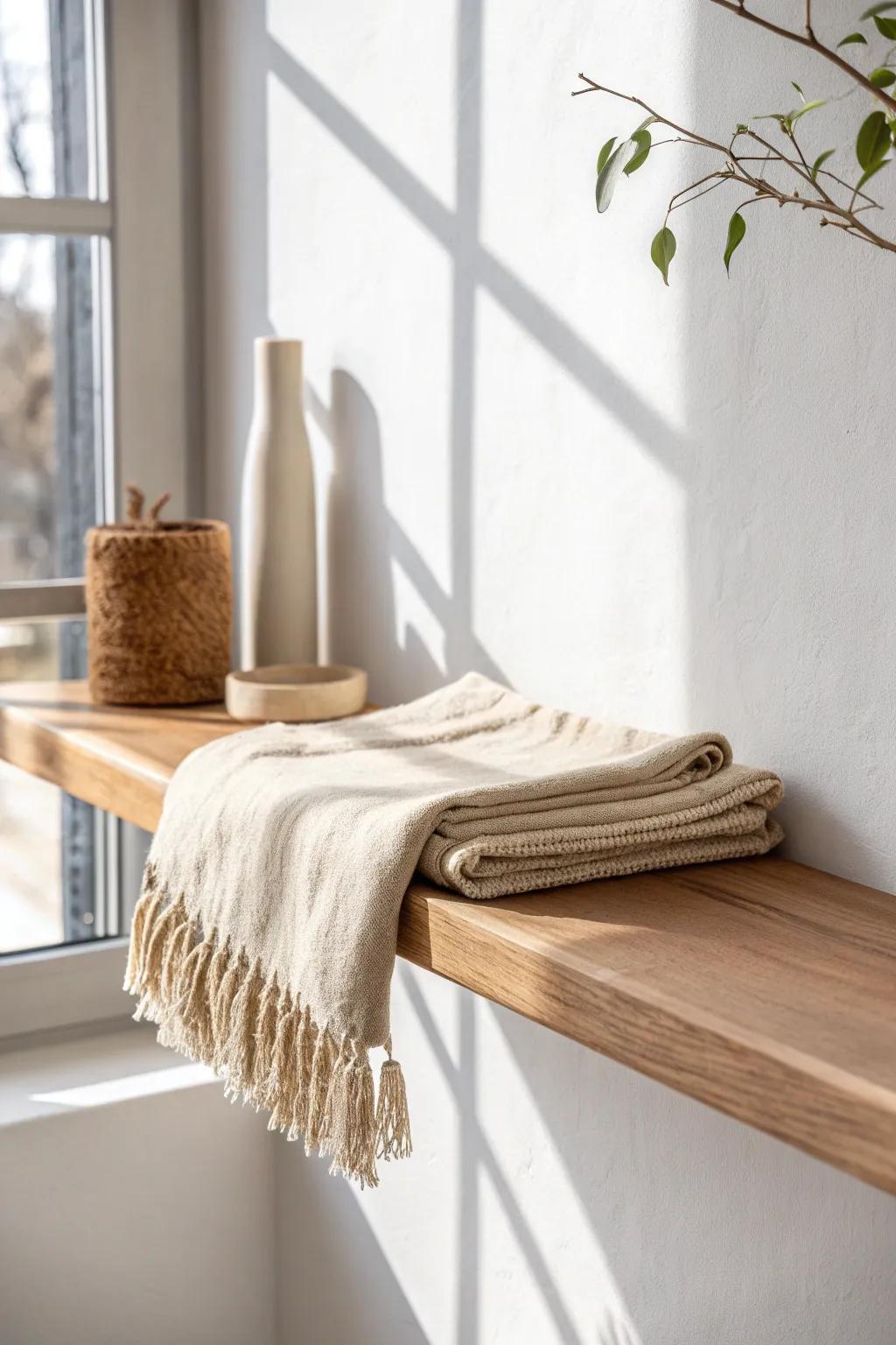 Neutral woven linen draped over a high shelf—soft texture that warms clean lines.