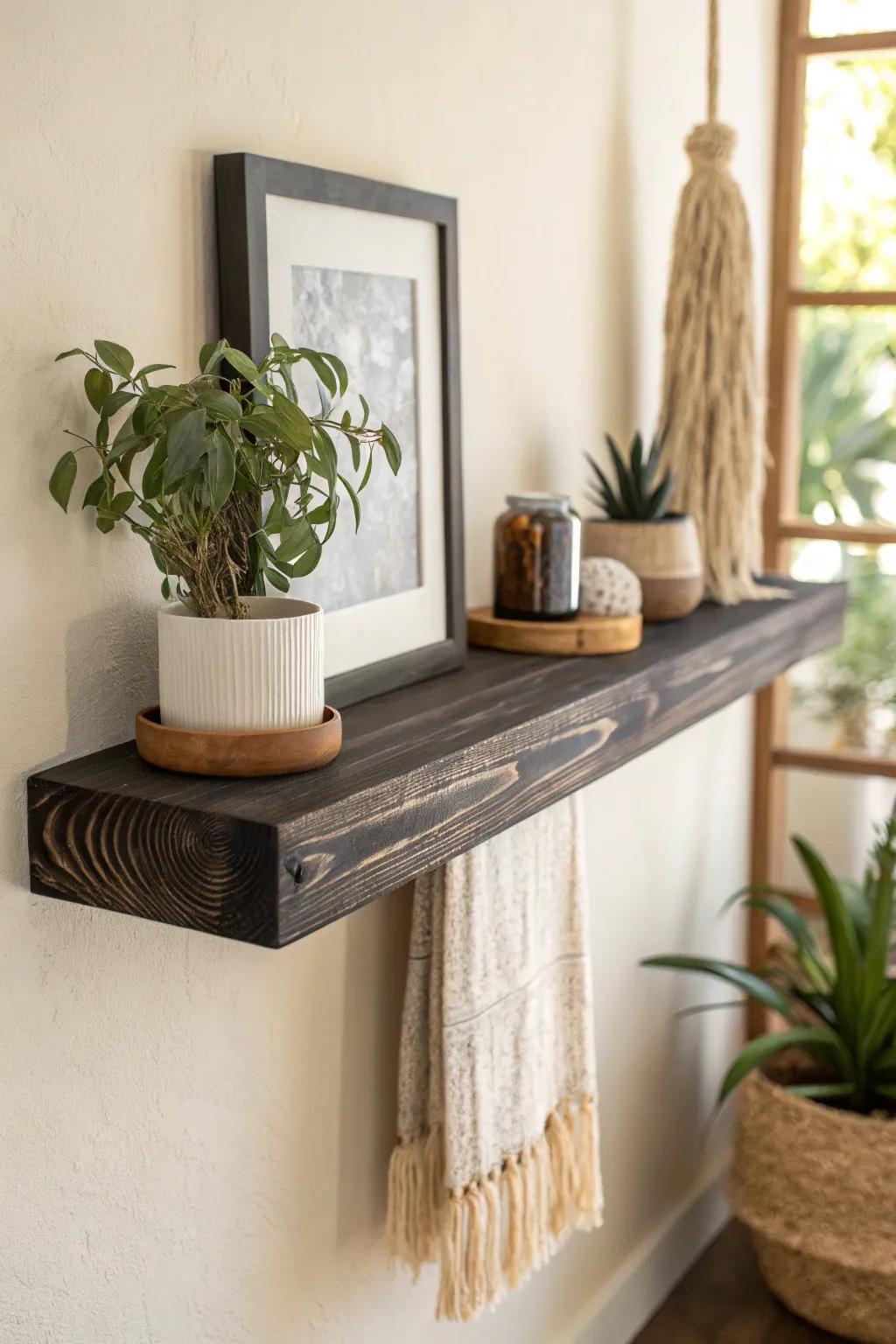 A lightly charred black wood accent shelf adds moody contrast and effortless home office polish.