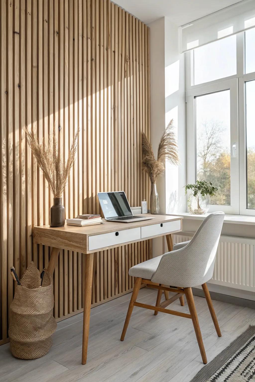 A statement wood slat wall adds warm texture and a custom, clutter-free home office look.