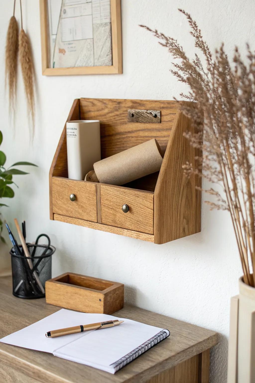 Upcycled drawer-front wall pocket: warm wood, clean lines, and instant home-office order.