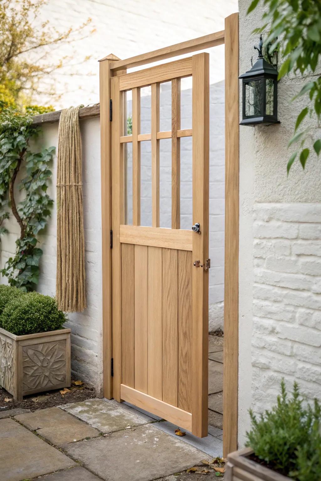 An airy wooden gate with a clear panel—blocks wind, keeps the space bright and open.