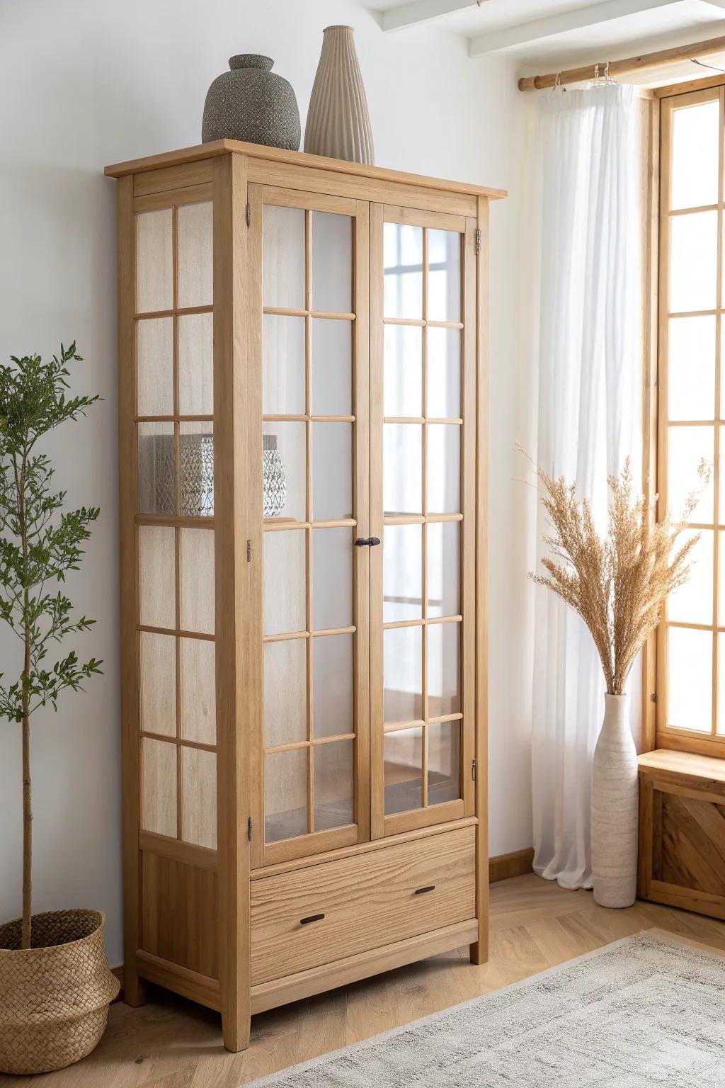 Shoji paper + a slim wood grid turns glass doors into calm, crafted Scandinavian style.