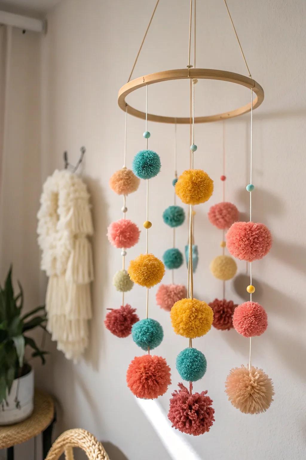 Add a pop of joy with this playful pom-pom mobile, where Scandinavian simplicity meets Bohemian charm.