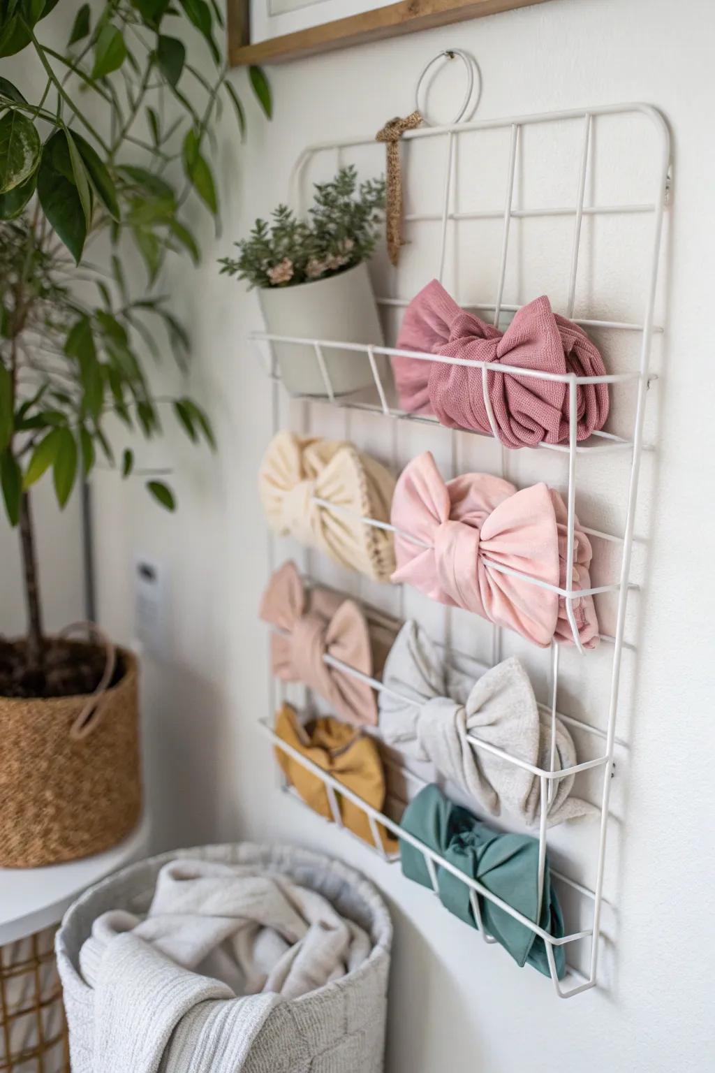 Elevate your nursery decor with a chic wire basket headband display that marries functionality with minimalist elegance.