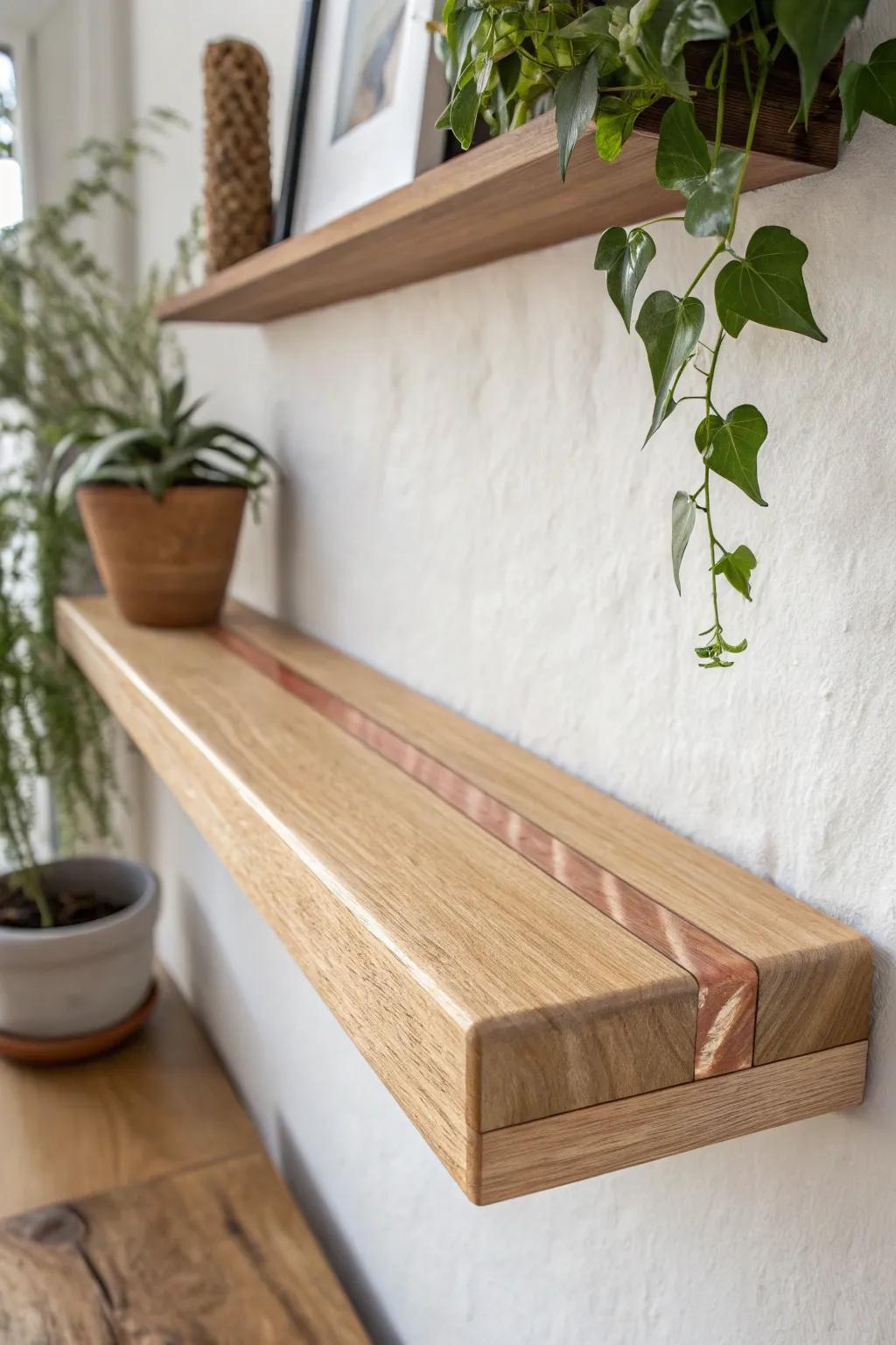 A minimalist oak shelf with a glossy resin stripe—simple, handmade, and quietly bold.