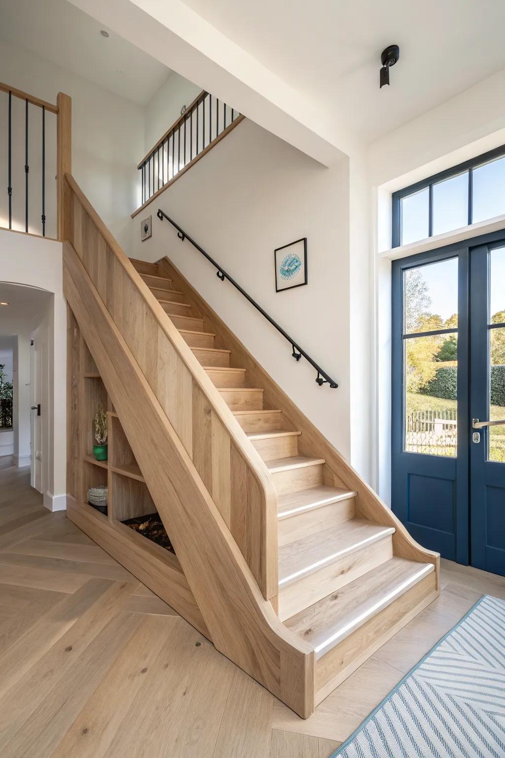 A sleek oak stair run with a built‑in slide—minimalist, playful, and beautifully crafted.
