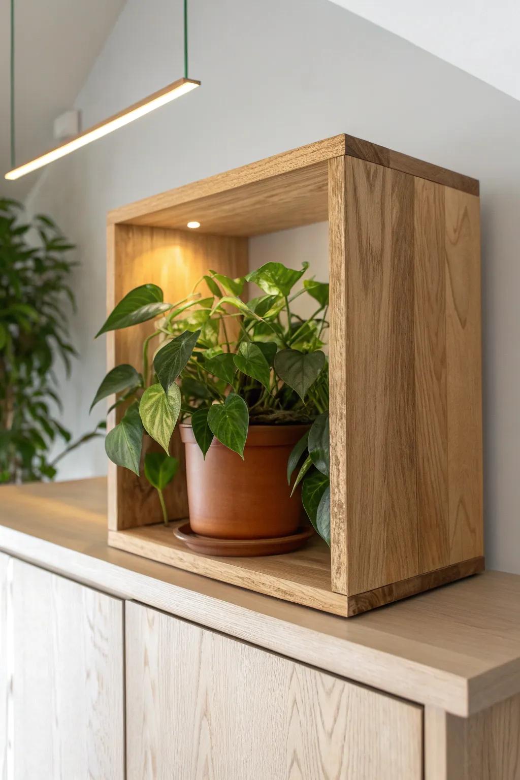 A lighted shadow-box plant box turns low-light corners into a glowing mini gallery.