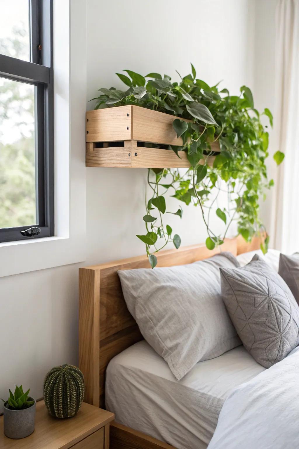 Headboard shelf planter box in warm oak—space-saving greenery with clean, cozy contrast.
